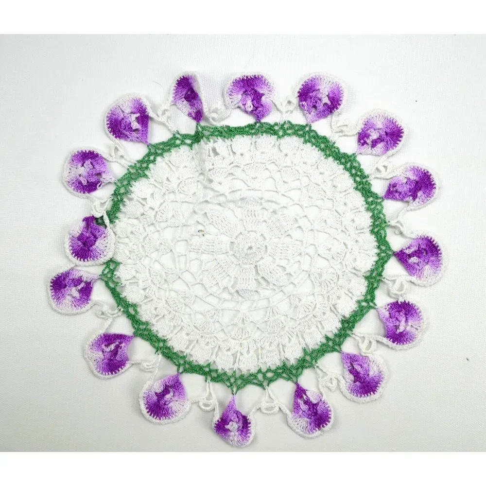 Vintage Round White & Purple Handmade Crochet Doily‎ 10.5